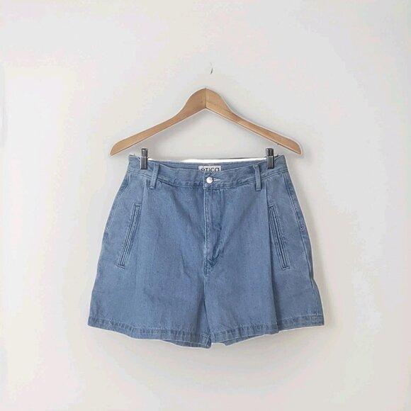 Etica Pants - Etica Max Pleated High-Waist Denim Shorts Womens Sz 29 Ethereal Blue 100% Cotton